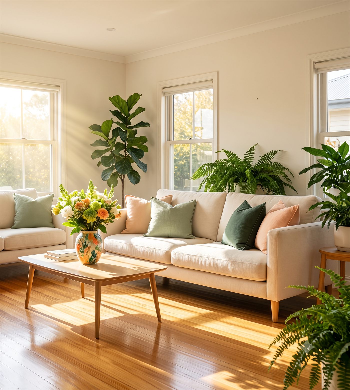 Bright cozy living room full of sun and plants